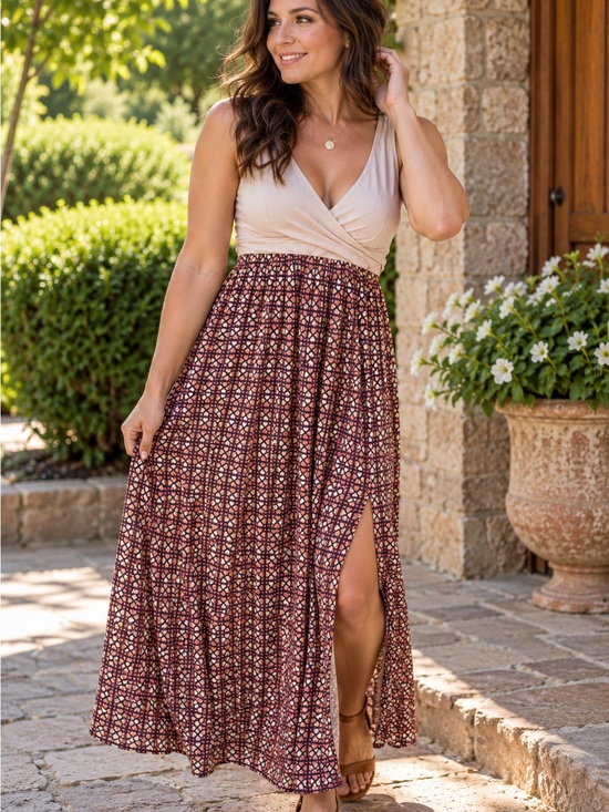 Maeve Dresses & Skirts - Anthropologie Maeve Beige Wrap-Top Maxi Skirt Dress with Burgundy Geometric